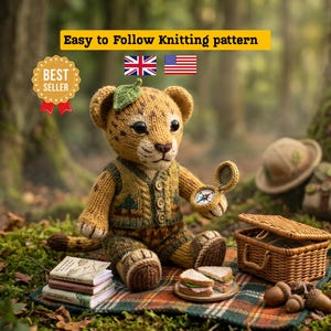 May include: A knitted leopard cub toy wearing a vest and holding a compass, sitting on a picnic blanket with a basket, sandwiches, and books. The image includes text that says "Easy to Follow Knitting pattern".