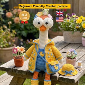 May include: A handmade crochet goose doll wearing a yellow jacket and blue overalls, with a matching hat and purse. The doll is sitting on a wooden bench with small crochet flower pots. The image includes text that says "Beginner Friendly Crochet pattern" and a "Best Seller" badge.