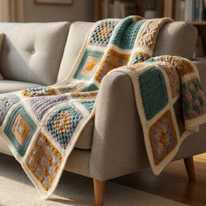 May include: A colorful, handmade crochet blanket draped over a beige sofa. The blanket features a patchwork design with squares in shades of teal, gold, lavender, and cream. The blanket's texture and pattern are visible, suggesting a cozy, handcrafted item.