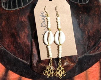 Beaded Cowrie Shell and Brass Earrings