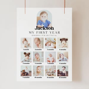 Póster de collage de fotos del primer cumpleaños de un niño, editable, moderno y minimalista, tablero de hitos imprimible, plantilla de Canva para el cartel del primer año del bebé