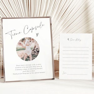 Modèle moderne de capsule temporelle photo pour 1er anniversaire, signe de livre d'or minimaliste à imprimer pour le premier anniversaire, carte capsule modifiable sur toile
