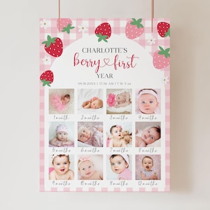 Poster photo du premier anniversaire des petits fruits rouges, image modifiable 1er anniversaire fraise, modèle photo imprimable 12 mois | BF