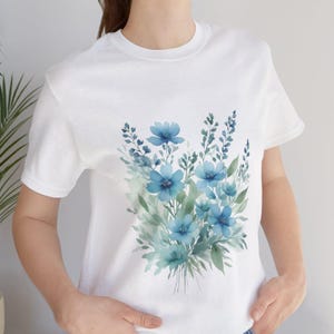 Cerulean Blue Floral Tee, Minimalist Watercolor Botanical Shirt, Unisex Jersey Top, Nature Lover Gift, Spring Garden T-shirt