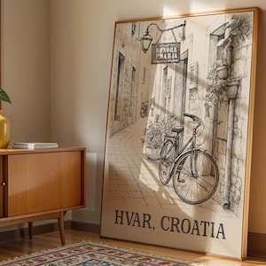 Hvar Croatia Wall Art,Croatia Wall Art,Hvar Print,Black and White Travel Sketch,Coastal Mediterranean Poster,Printable Croatia,Europe Travel