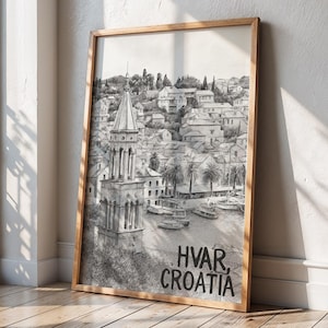 Hvar Croatia Wall Art,Croatia Wall Art,Hvar Print,Black and White Travel Sketch,Coastal Mediterranean Poster,Printable Croatia,Europe Travel