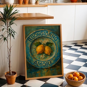Sicilian kitchen print, Lemon wall art, Buongiorno amore poster, Mediterranean decor vintage, Italy digital download, Ceramic inspired print