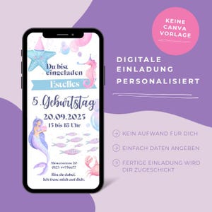 Invitation d'anniversaire numérique sirène | Invitation WhatsApp personnalisée pour filles | Carte électronique sans Canva | Fête sirène