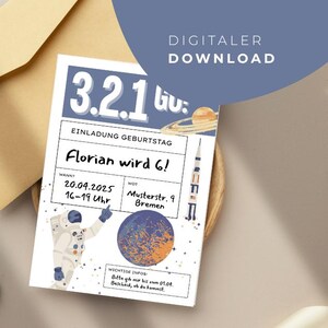 お子様の誕生日の印刷用スペース招待状 |すぐにダウンロードできる A6 PDF |自己記入用の書き込み可能なカード