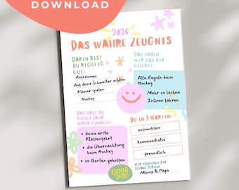 El verdadero informe para niños | PDF imprimible rosa con estrellas y caritas sonrientes | Informe personal de los padres | Un regalo con cariño