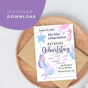 Uitnodiging zeemeermin voor een kinderfeestje om af te drukken | A6 PDF voor directe download | beschrijfbare kaart voor zelfinvulling