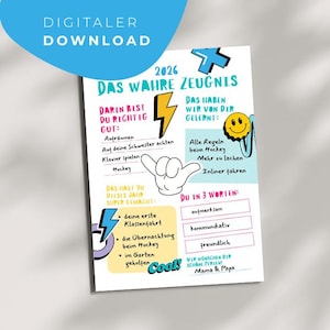 Könnte beinhalten: Ein digitaler Download-Druck mit dem Text 2026 DAS WAHRE ZEUGNIS, verziert mit bunten Grafiken wie einem gelben Blitz, einem Smiley, einer Handgeste und Abschnitten für persönliche Notizen in den Farben Pink, Blau und Gelb.