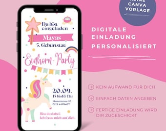 ユニコーンのデジタル誕生日招待状 | 女の子向けのパーソナライズされたWhatsApp招待状 | Canvaを使わないeカード | ユニコーンパーティー