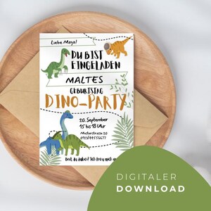 子供の誕生日に印刷できる恐竜招待状 |すぐにダウンロードできる A6 PDF |自己記入用の書き込み可能なカード