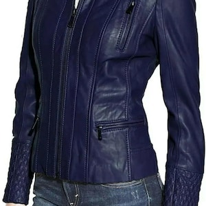 Women&#39;s Navy Blue Genuine Leather Jacket 100% Real Lambskin Biker Jacket