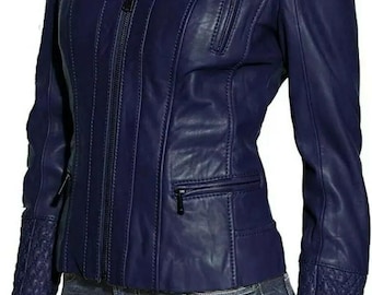 レディース用ネイビーブルーレザージャケット | スタイリッシュな