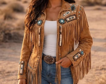 Chaqueta vaquera de piel de ante marrón claro para mujer con flecos y cuentas - Flecos nativos hechos a mano