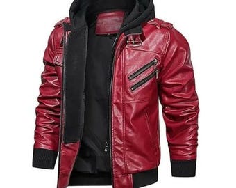 Men's Red Sheepskin Leather Hooded Biker Jacket