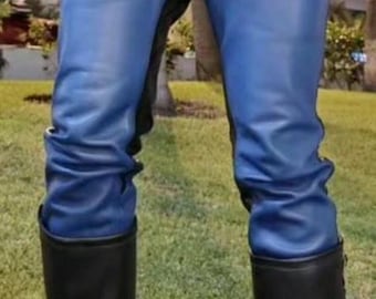 Men's Blue Cowhide Leather Biker Pants - Black Zipper Detail