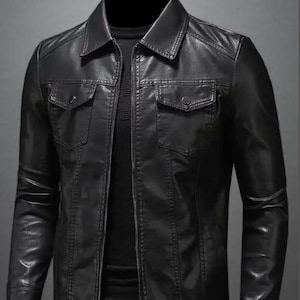 Men&#39;s leather Jacket in Genuine Sheepskin leather, Vintage Style Handmade fully with Polyester Lining, Biker Style Jacket