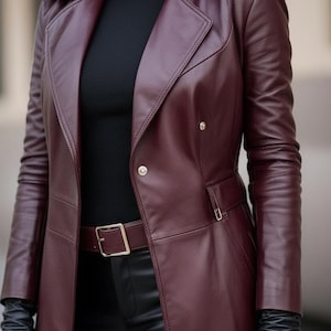 CLASSIC New Women's Burgundy Trench Coat Soft Sheepskin Stylish Slim Fit Overcoat