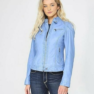Women&#39;s Lambskin Leather /Jacket Biker/ Motorcycle Sky Blue Jeans style Jacket Handmade