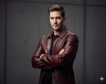 Chaqueta de piel de cocodrilo color burdeos para hombre – Abrigo de lujo de piel auténtica con relieve de cocodrilo