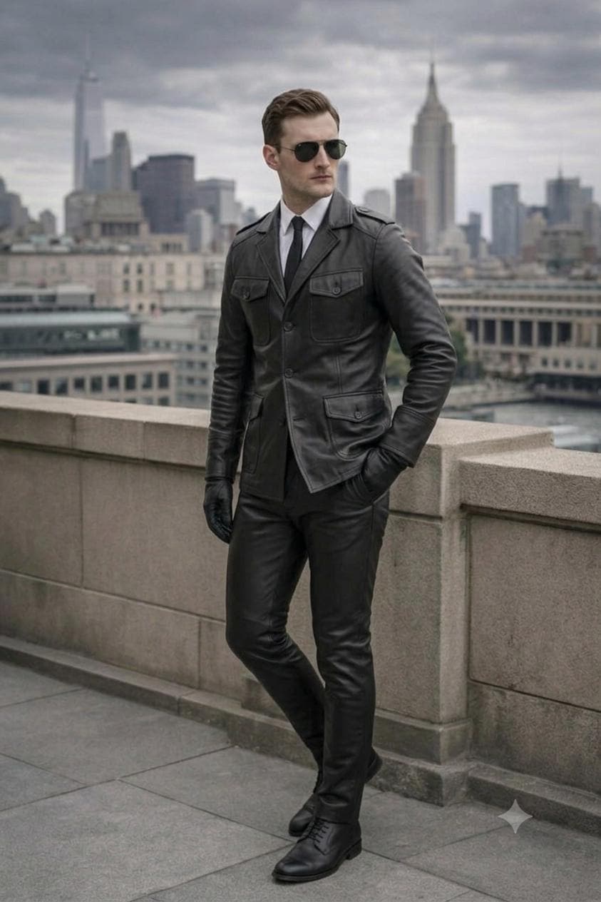 Handmade Men's Black Leather Suit Slim Fit Jacket & Pants