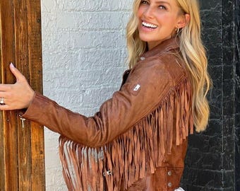 Chaqueta de ante con flecos para mujer, estilo western
