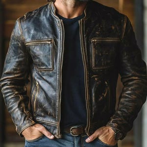 Men&#39;s Vintage Brown Leather Jacket Motorcycle Slim Fit Jacket Retro Distressed Biker Jacket