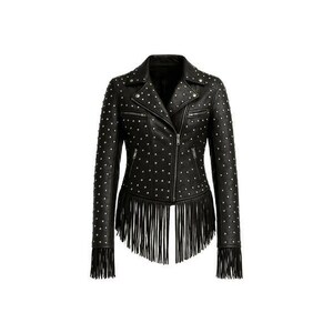 May include: Black leather jacket with silver stud embellishments and fringe detailing. The jacket features a classic biker style with a notched collar, a zipper closure, and long sleeves. A stylish outerwear piece.