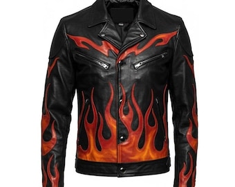 RED BUFF Leathers レッドバフ シングルライダース 黒 3L 革 Men's Flame Rider Black Leather Motorcycle Jacket - Bold Fire