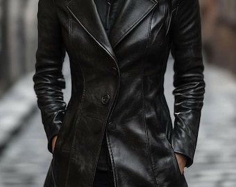 Vintage Black Fitted Leather Blazer for Women