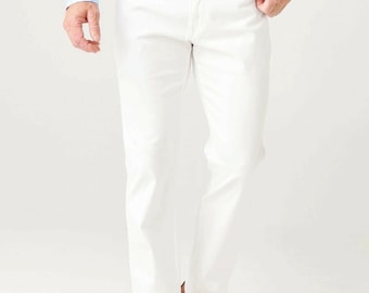 MEN'S Cow Genuine Leather Jeans Style 5 Pockets Motorbike White Pants