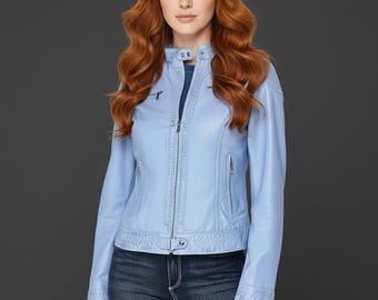 Dames lamsleer / motorjack / motorjack hemelsblauw jeansstijl handgemaakt