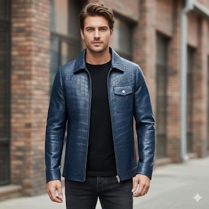 Herren Blau Krokodil Print Leder Bikerjacke