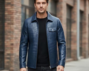 Herren Blau Krokodil Print Leder Bikerjacke
