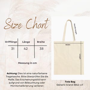 May include: A cream-colored tote bag with dimensions displayed in a size chart. The bag's handle length is 31 cm, length is 42 cm, and width is 38 cm. The text "Size Chart" is at the top, and "Tote Bag" is at the bottom.