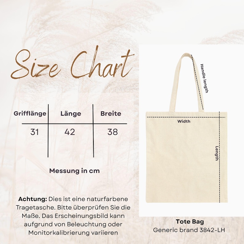 May include: A cream-colored tote bag with dimensions displayed in a size chart. The bag's handle length is 31 cm, length is 42 cm, and width is 38 cm. The text "Size Chart" is at the top, and "Tote Bag" is at the bottom.