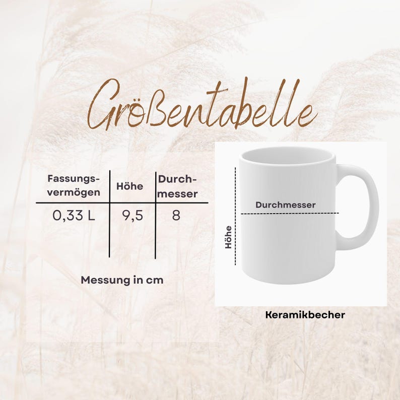 Może przedstawiać: Biały ceramiczny kubek z uchwytem, oznaczony wymiarami i pojemnością. Kubek ma 9,5 cm wysokości i 8 cm średnicy, o pojemności 0,33 litra. U g&oacute;ry znajduje się napis "Gr&ouml;&szlig;entabelle".
