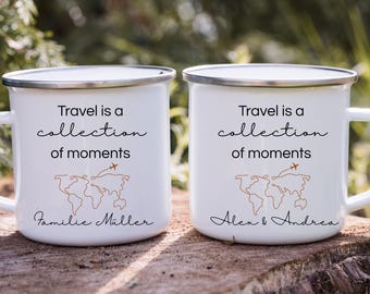 Personalisierte Emaille Tasse mit Name – Camping Tasse für Reisefans / Geschenkidee Wanderlust, Abenteuer