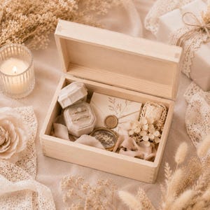 May include: A rectangular light-colored wooden box containing a beige velvet ring box with two rings, a cream-colored envelope with a wax seal, a small circular glass frame, and beige fabric ribbons, all arranged inside the open wooden container.