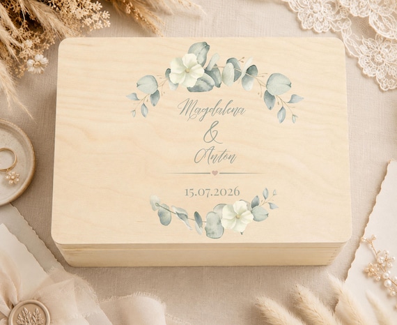Erinnerungskiste Hochzeit personalisiert – Holzkiste mit Namen & Datum, Hochzeitsgeschenk für Brautpaar, Geschenk Hochzeit