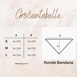 May include: A size chart for a dog bandana featuring the text Gr&ouml;&szlig;entabelle and Hunde Bandana. The chart lists sizes S, M, and L with measurements A and B in centimeters, showing 44 cm, 54 cm, and 64 cm respectively, alongside a triangular diagram.