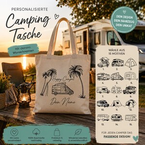 May include: A beige canvas tote bag featuring a black line art illustration of a camper van between two palm trees. The text reads Happy Camper and Dein Name. A separate rectangular card displays 15 different camper vehicle design options.