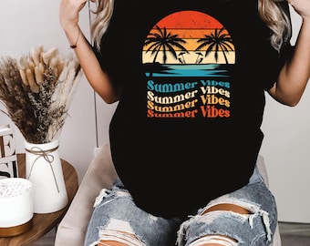sommer shirt damen, Shirt Herren, Vintage, Retro Shirt, Sommerkleidung, Retro Strand Urlaub Shirt, Sonnenuntergang, Palmen, Sunset, Unisex