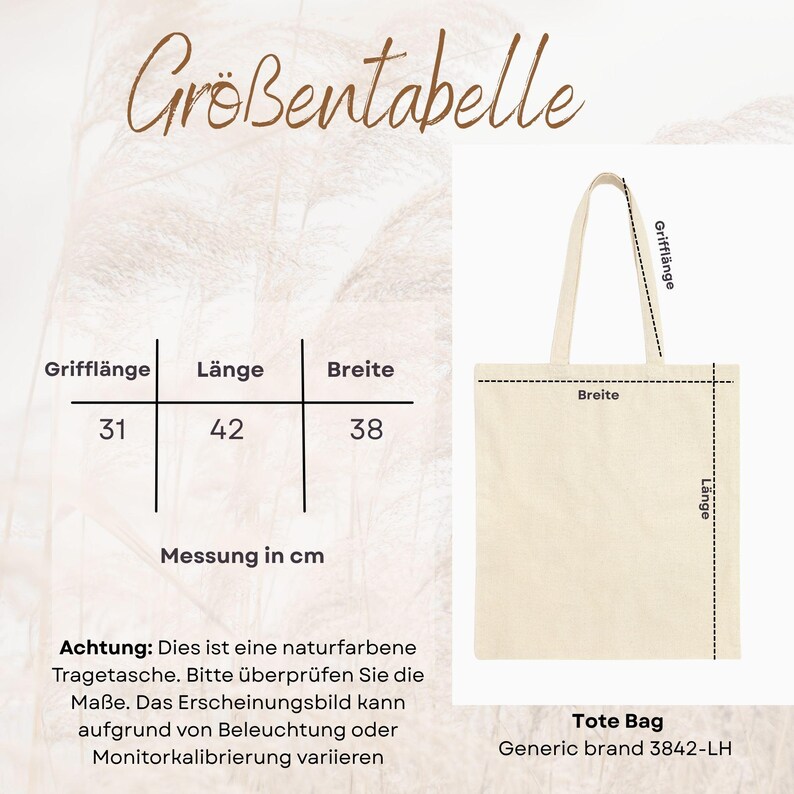 May include: A natural-coloured tote bag with a size chart displaying measurements in centimetres. The chart lists handle length as 31, bag length as 42, and bag width as 38. The text includes 'Gr&ouml;&szlig;entabelle', 'Messung in cm', and 'Tote Bag Generic brand 3842-LH'.