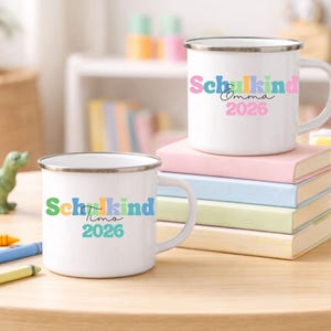 Personalized Enamel Mug for First Day of School | Schoolchild 2026 with Name | School Cone Gift for Girls & Boys image 1