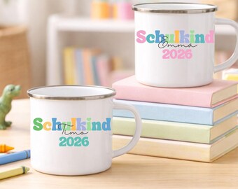Personalized Enamel Mug for First Day of School | Schoolchild 2026 with Name | School Cone Gift for Girls & Boys