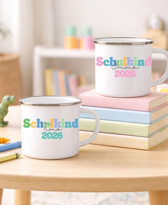 Emaille Tasse Einschulung personalisiert | Schulkind 2026 Tasse mit Name | Geschenk zur Einschulung | Schultüte Geschenk